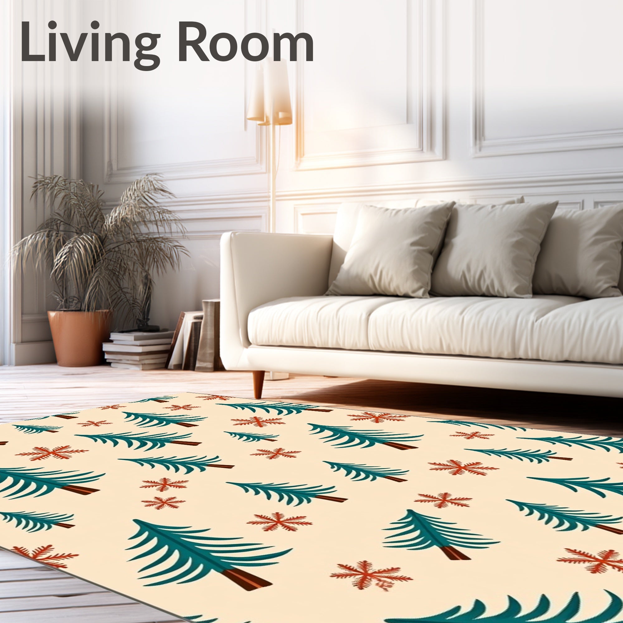 Teal Pine Snowflakes Beige Background Rug