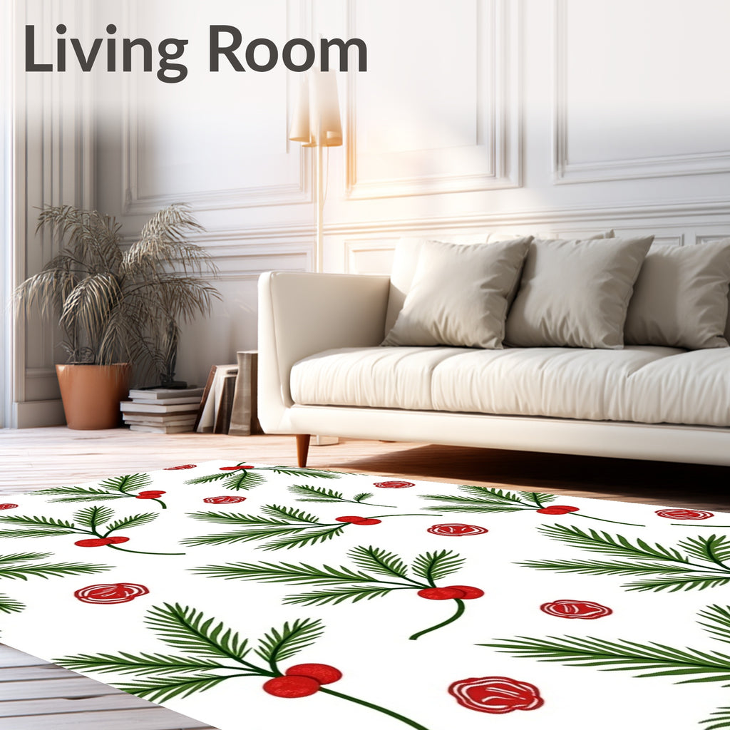 Festive Green Pine Sprig Red Berry Rug