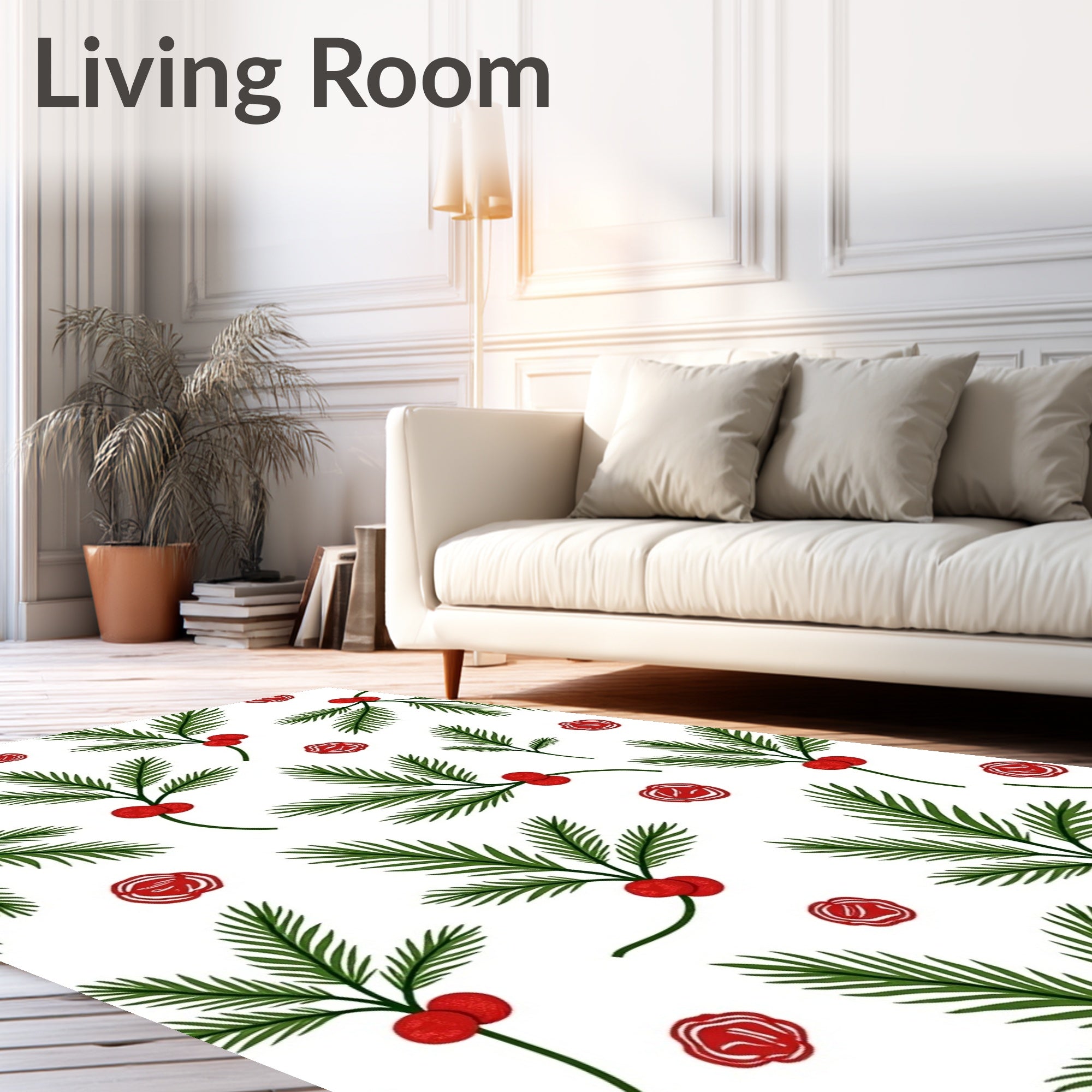 Festive Green Pine Sprig Red Berry Rug