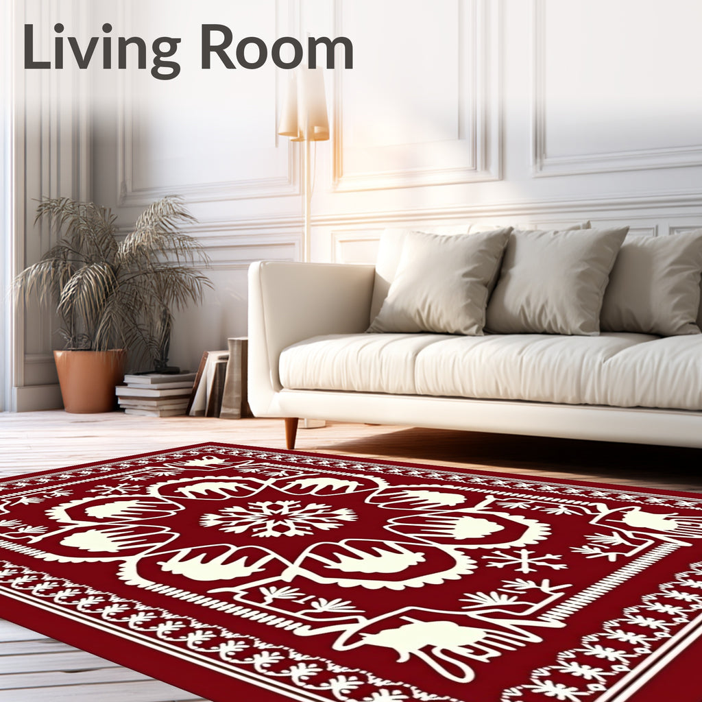 Deep Red Folk Art Snowflakes Rug