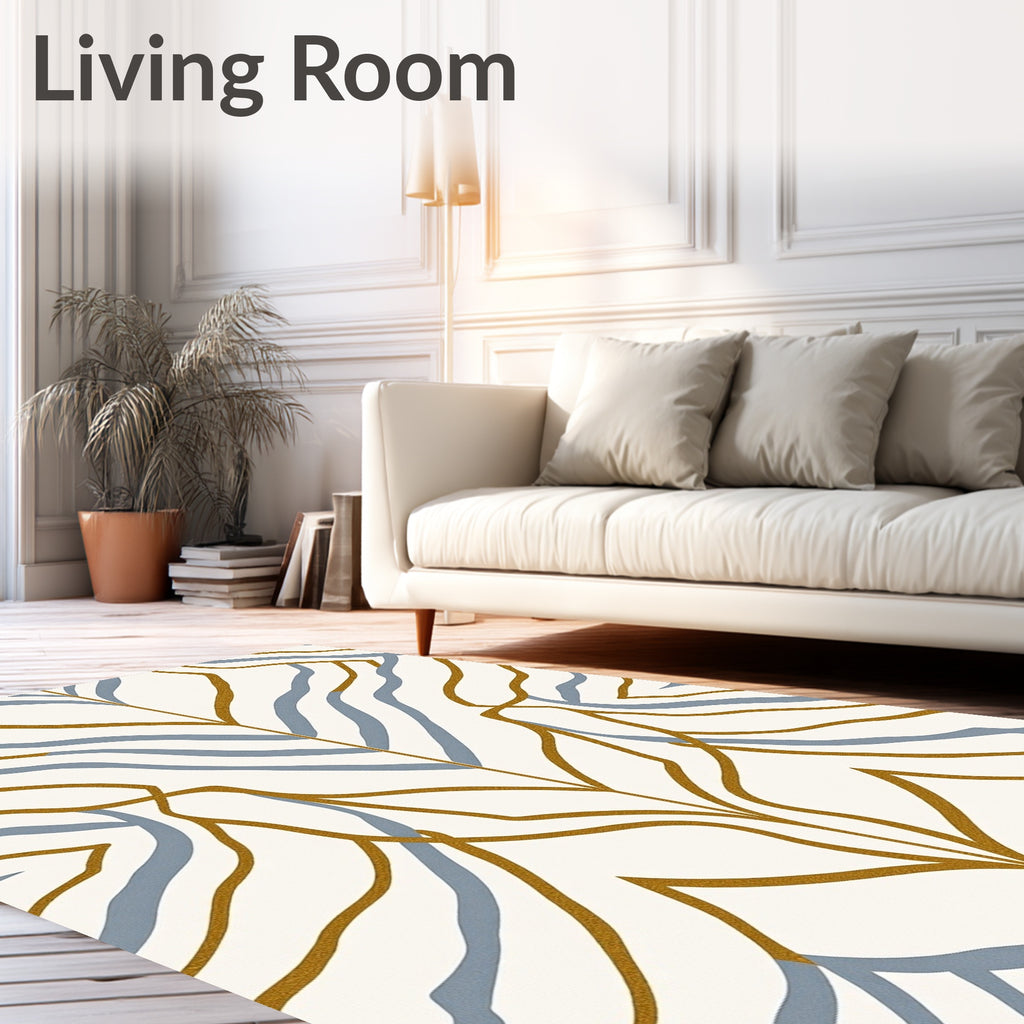 Golden Ochre Blue Curving Leaf Rug