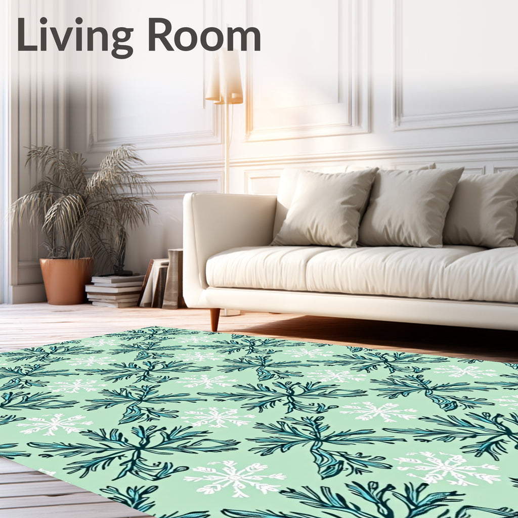 Teal White Snowflake Autumn Bloom Rug