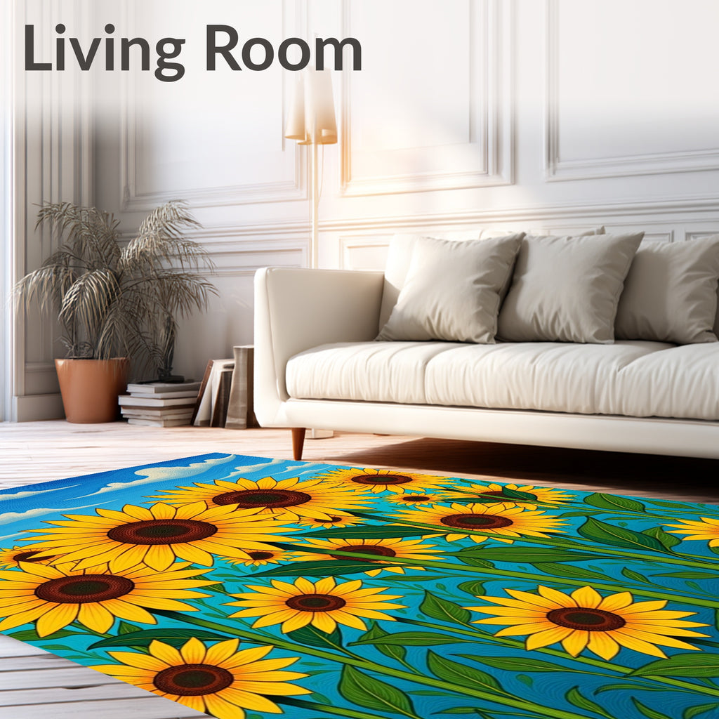 Golden Sunflower Field Blue Sky Rug
