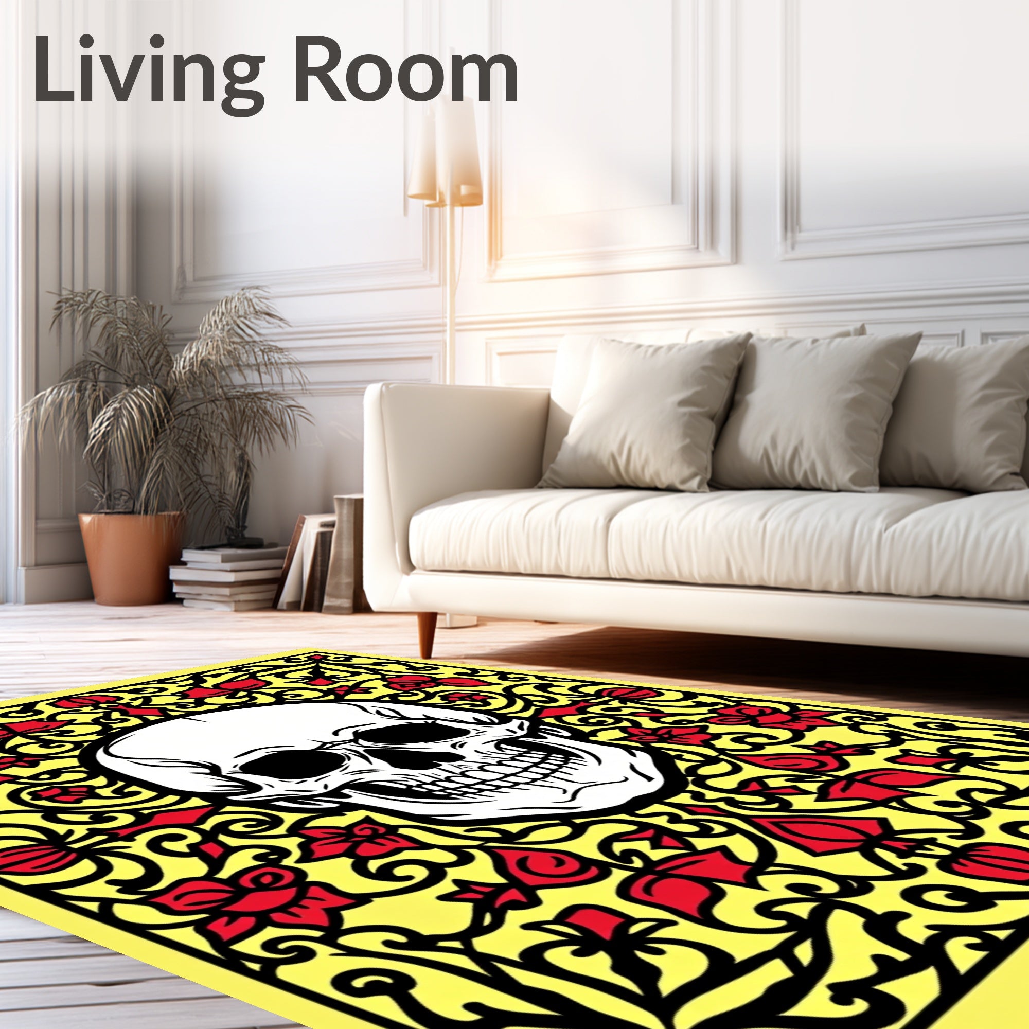 Yellow Floral Skull Art Rug