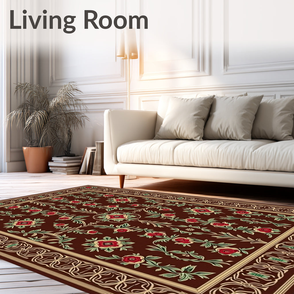 Rich Crimson Floral Bordered Rug