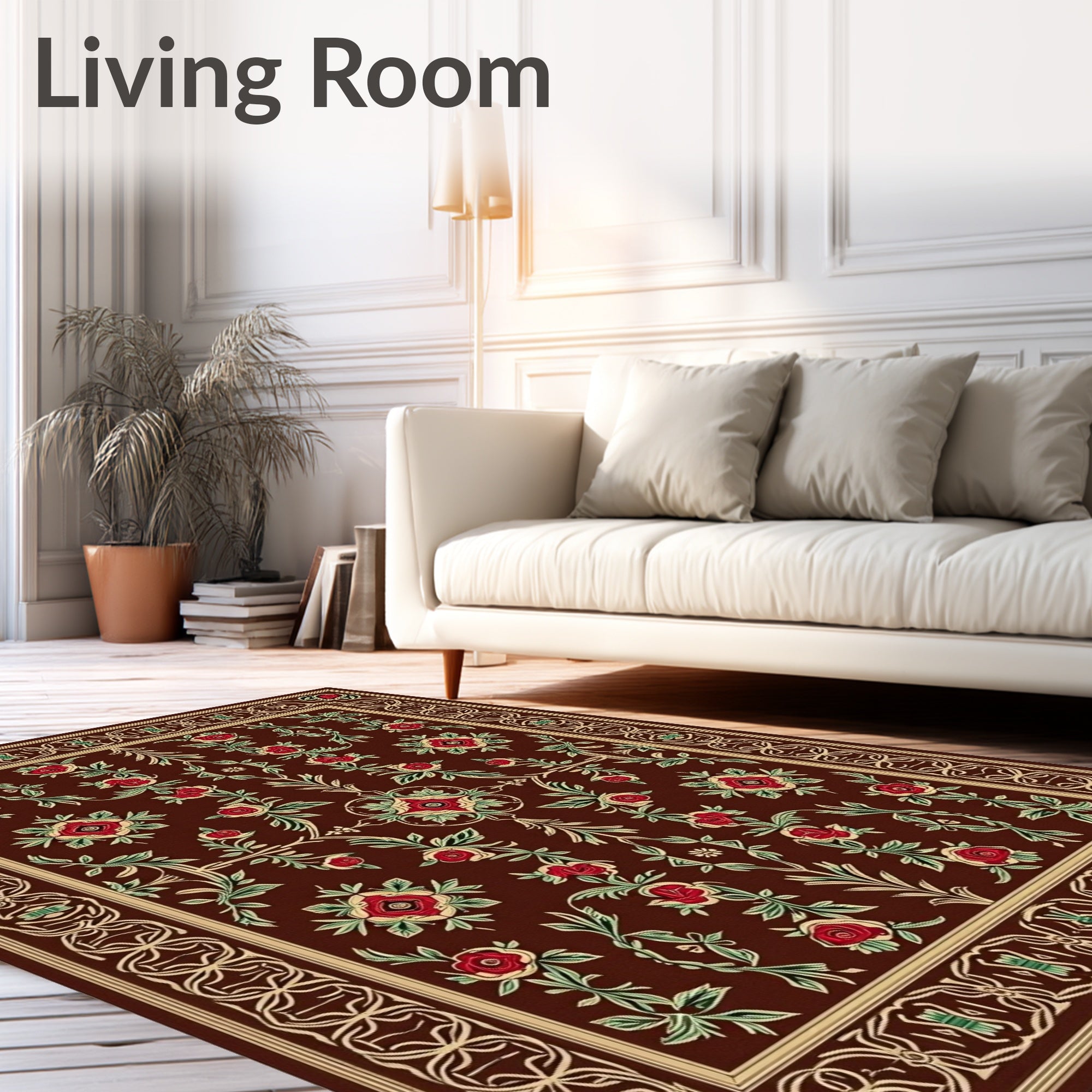 Rich Crimson Floral Bordered Rug