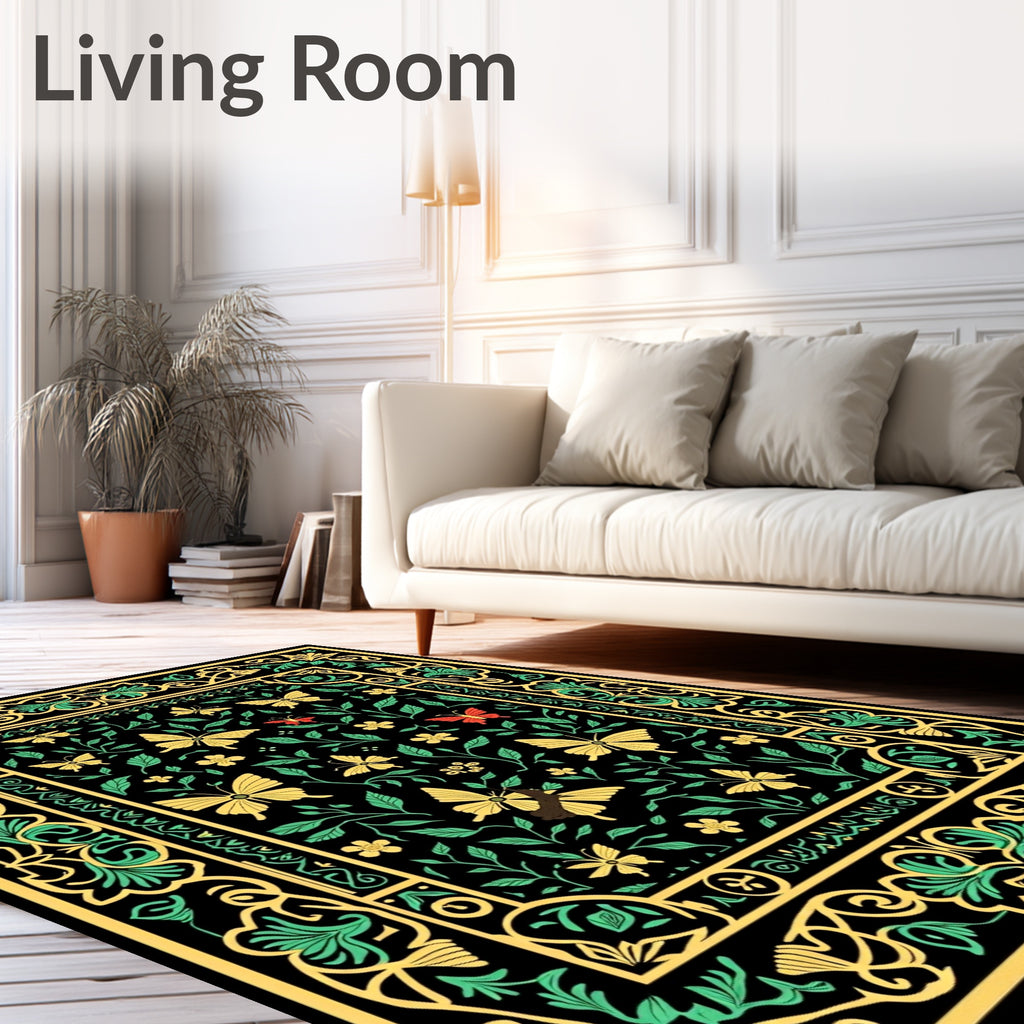 Black Yellow Green Butterfly Garden Rug