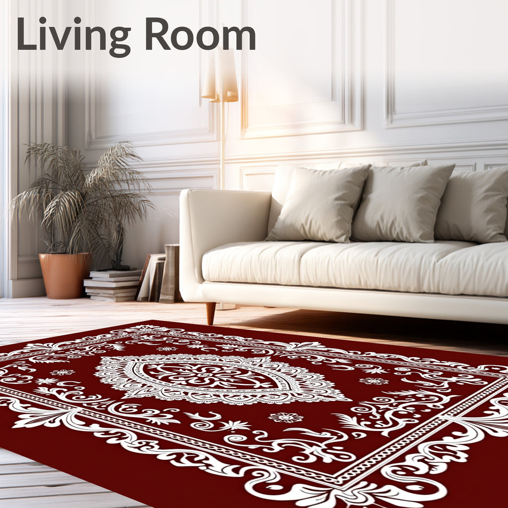 Deep Red White Ornate Medallion Area Rug