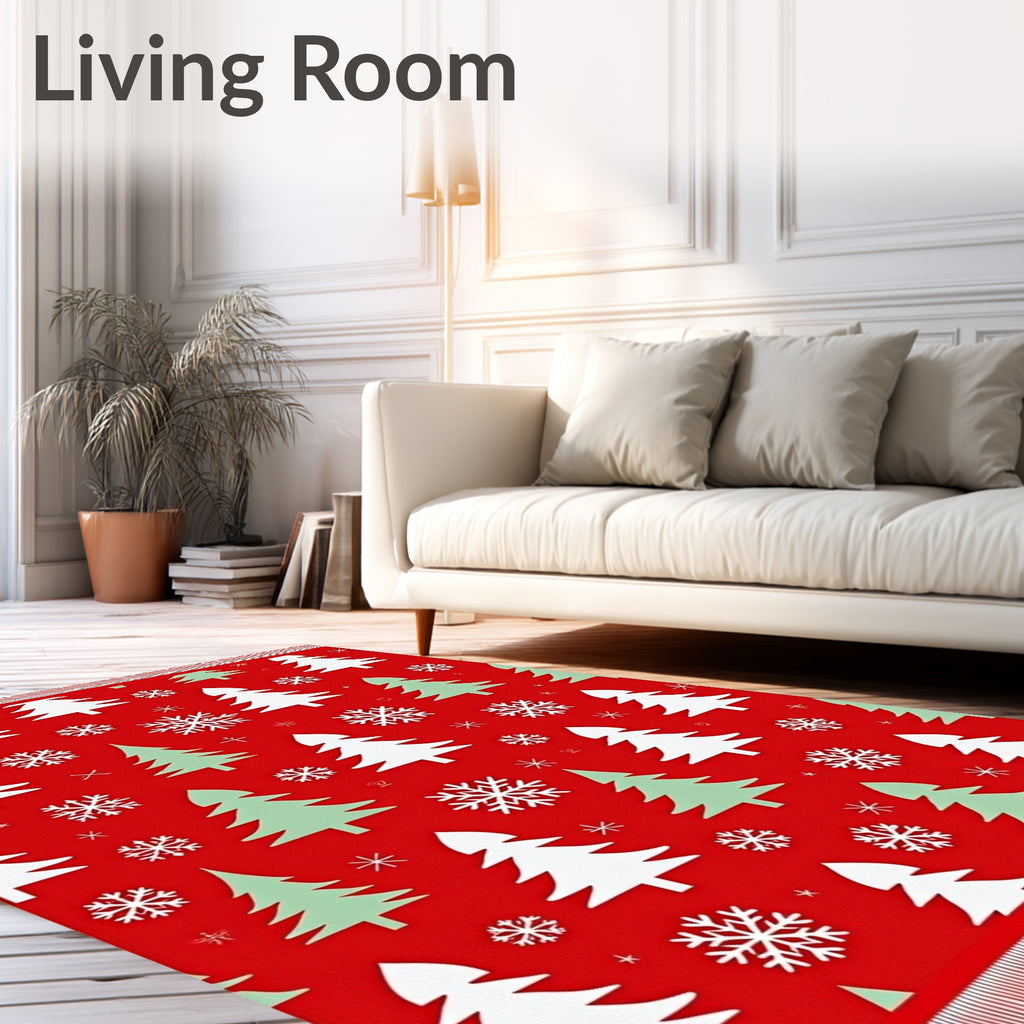 Festive Red Evergreen Snowflake Trees Rug