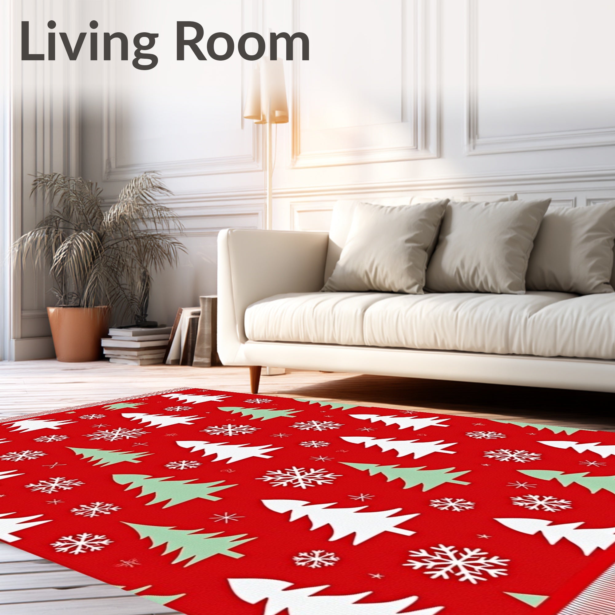 Festive Red Evergreen Snowflake Trees Rug