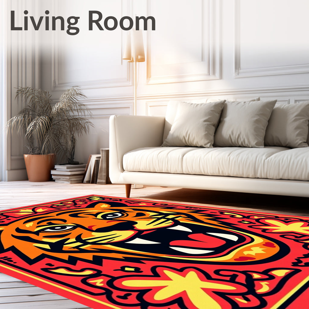 Fiery Orange Tiger Roaring Woodland Fauna Rug