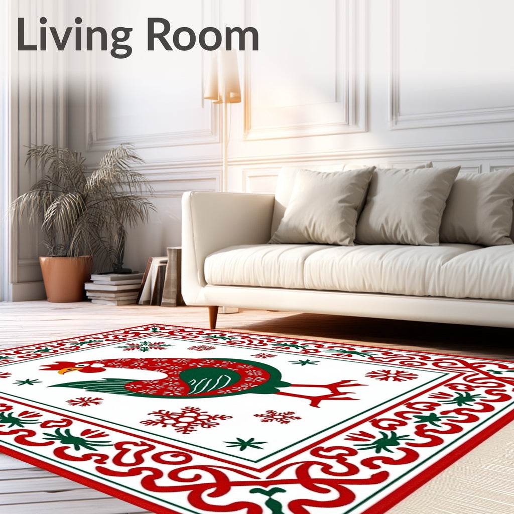 Festive Red Rooster Snowflake Border Rug