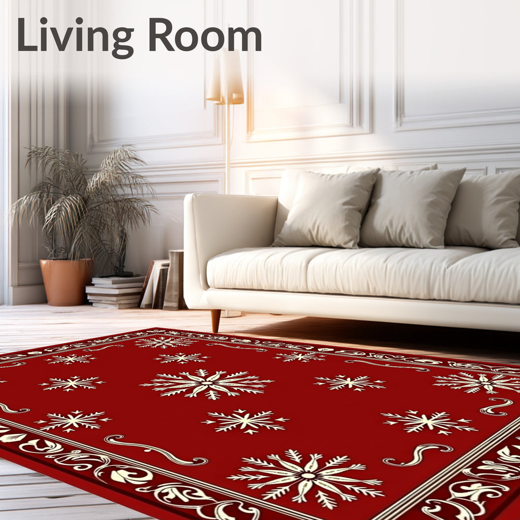 Crimson Snowflakes Ornate Border Rug