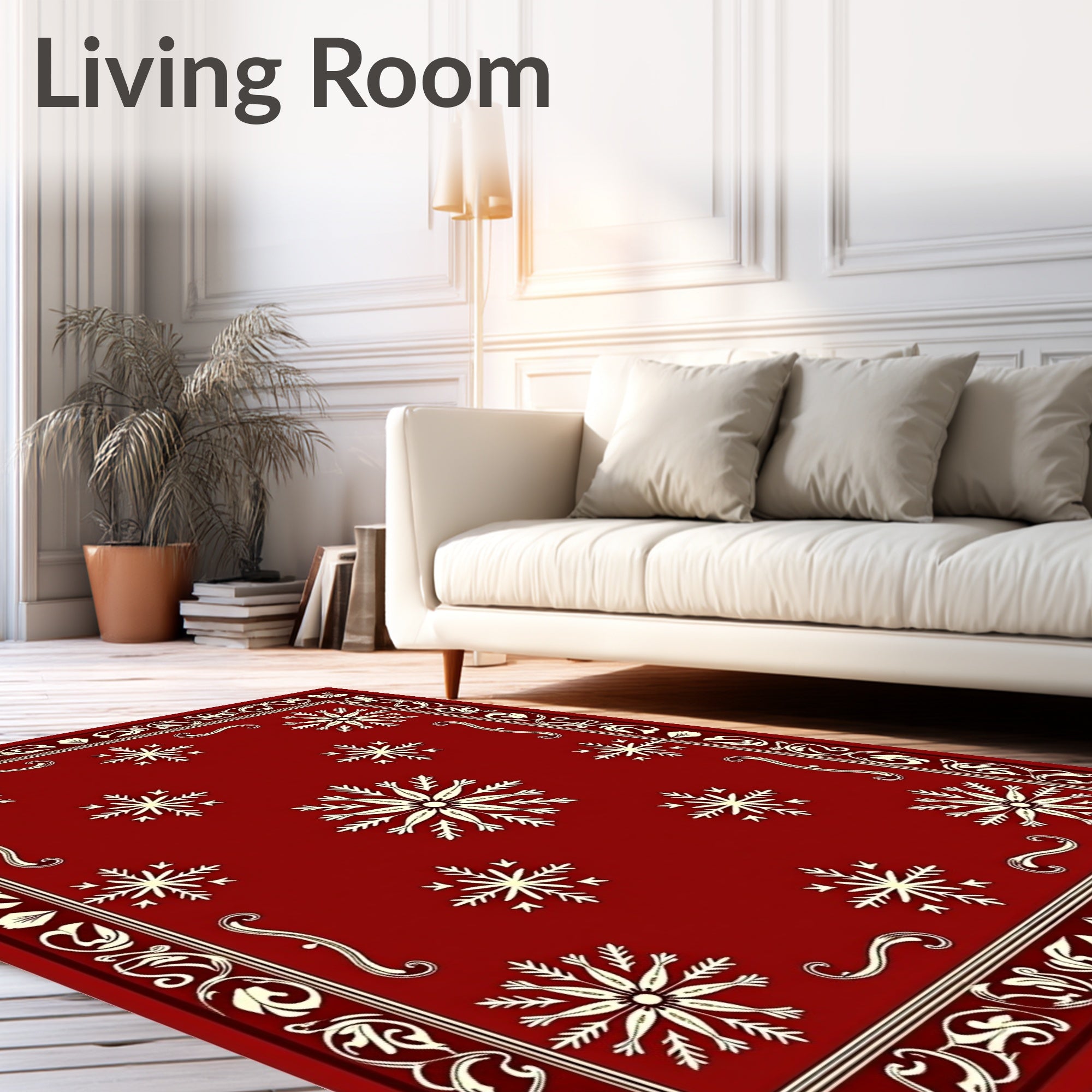 Crimson Snowflakes Ornate Border Rug