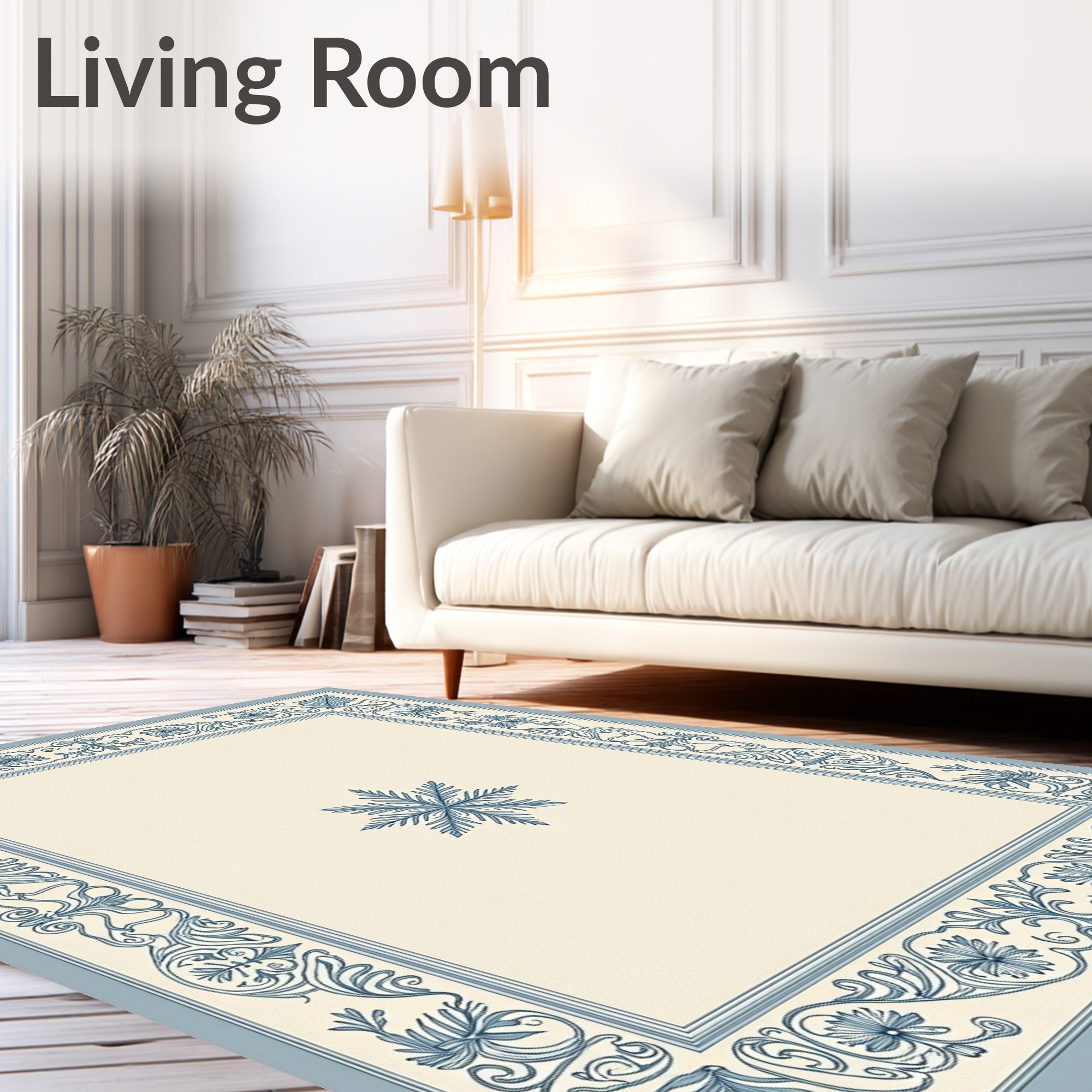Vintage Blue Floral Leaf Border Rug