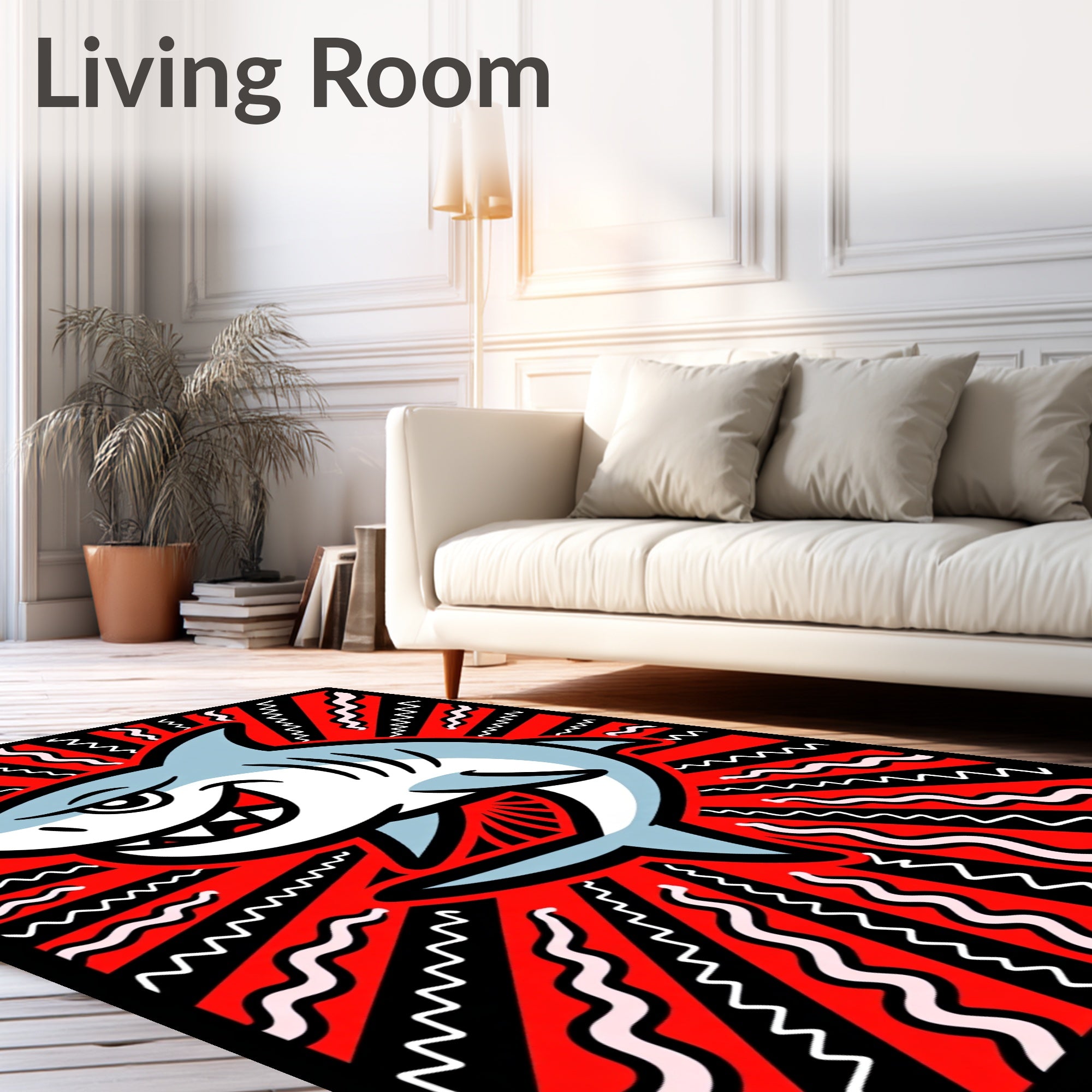 Grinning Blue Shark Red Radial Waves Rug