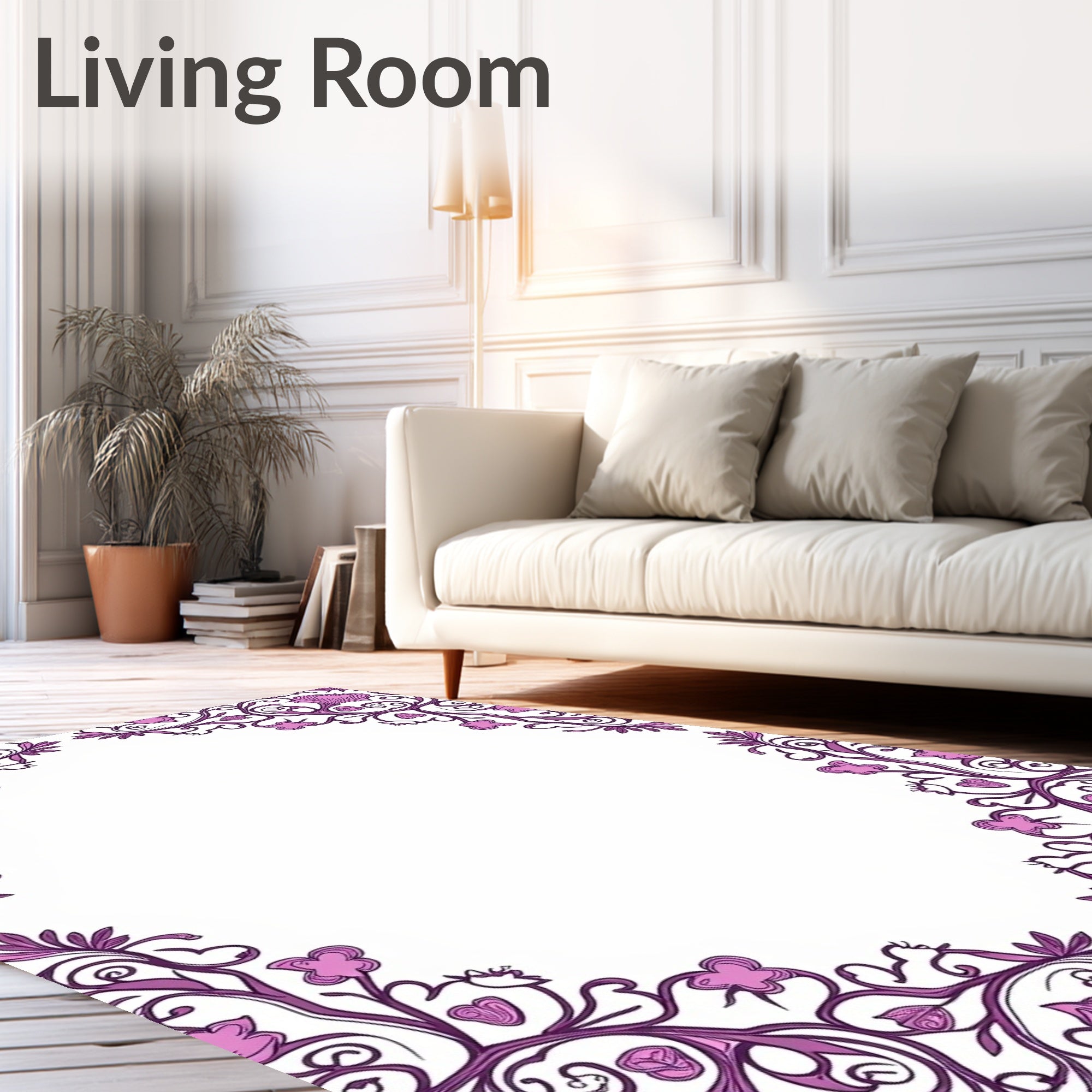 Ornate Plum Floral Swirl Border Rug
