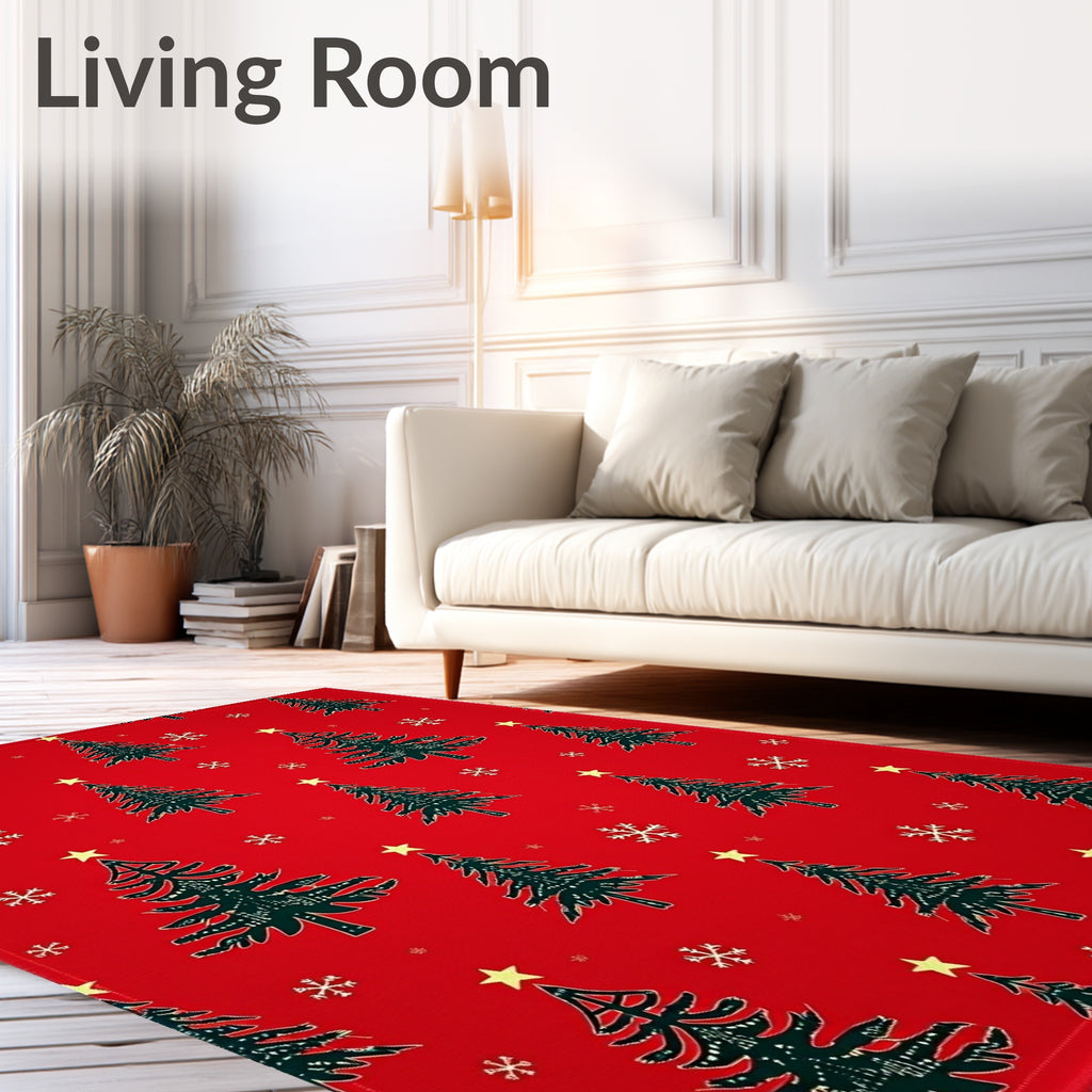 Festive Red Christmas Tree Snowflake Rug