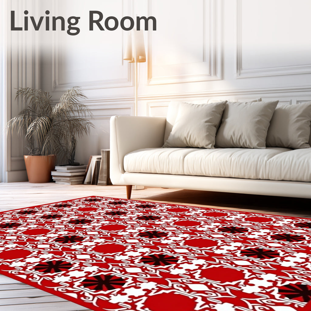 Red White Black Geometric Starburst Layout Rug