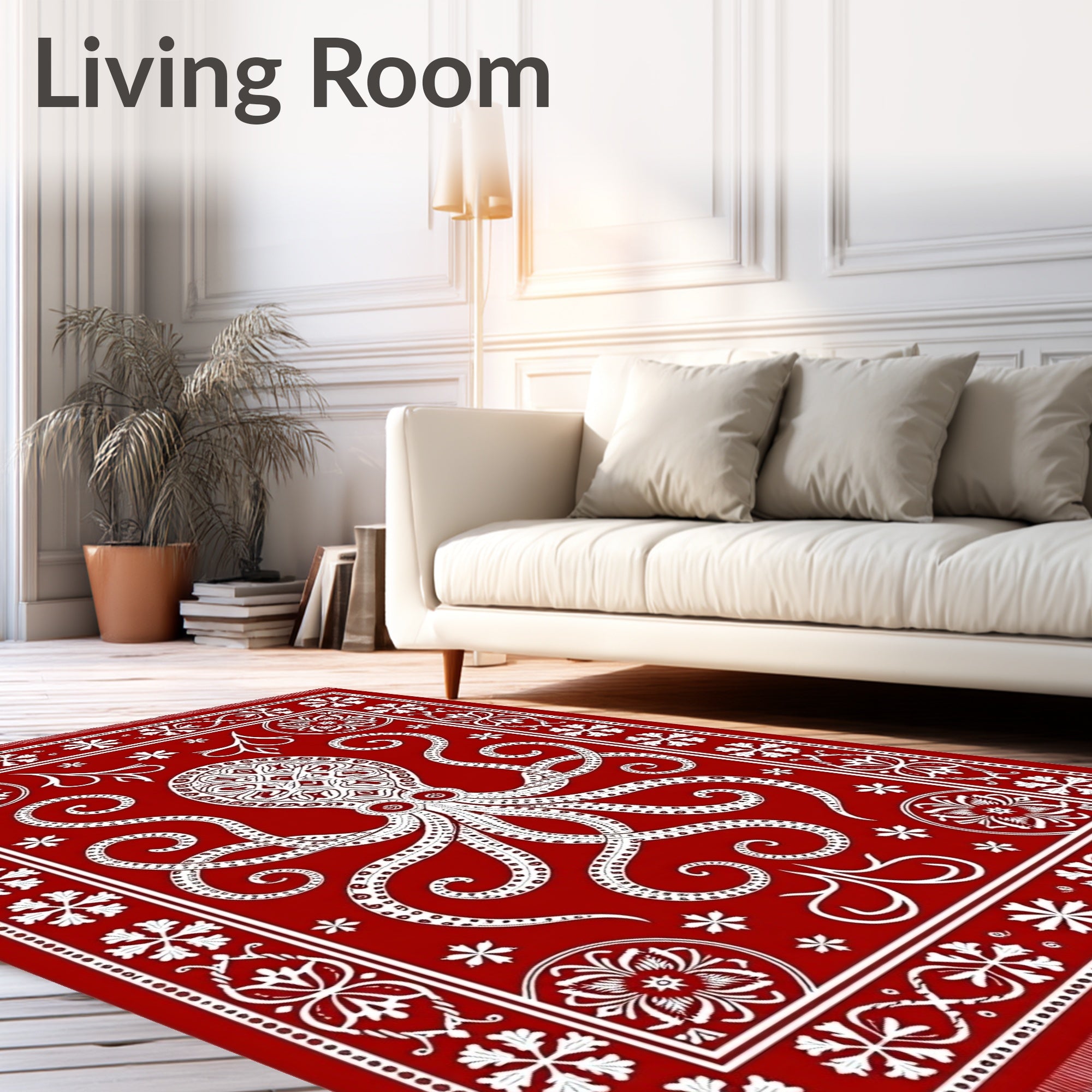 Crimson Octopus Intricate Border Rug