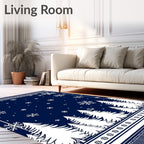 Dark Blue White Snow Forest Scene Rug