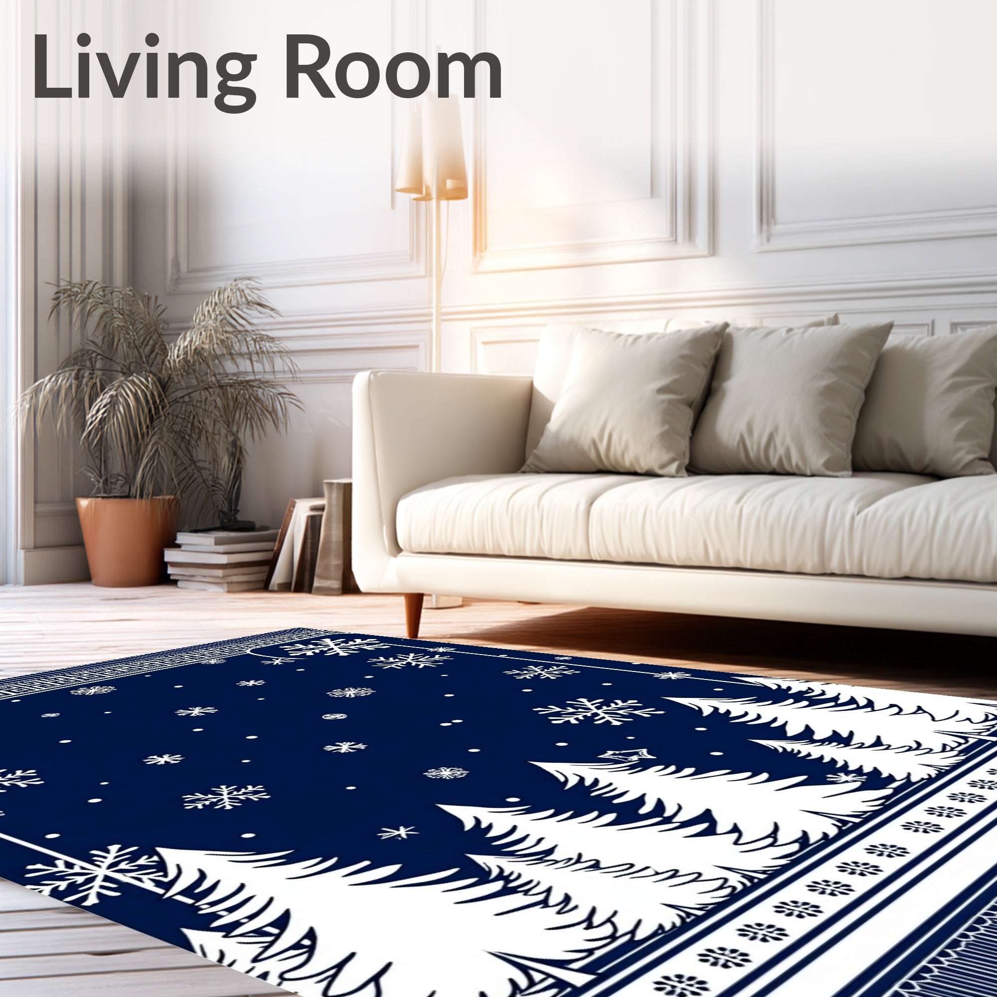 Dark Blue White Snow Forest Scene Rug