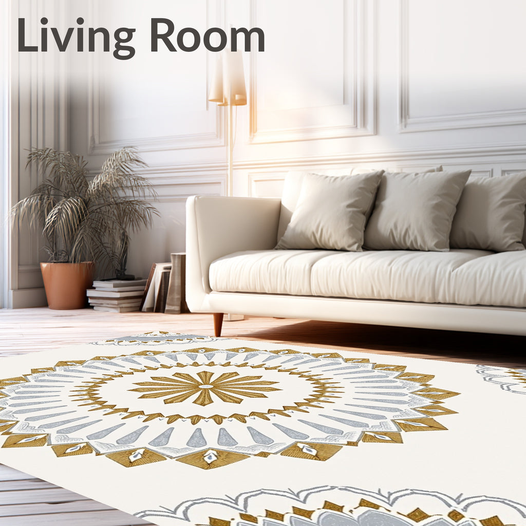 Gold Silver Mandala Radial Bloom Rug