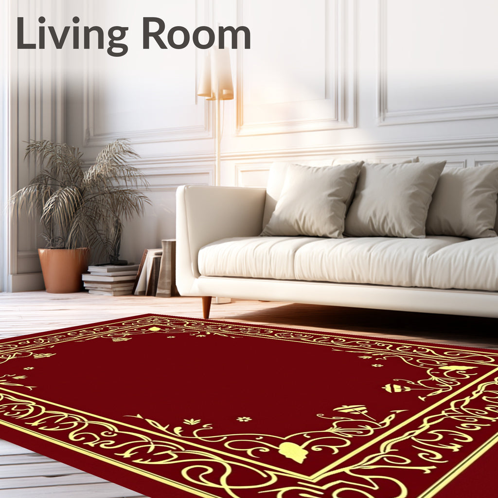 Deep Red Luxury Floral Swirl Border Rug