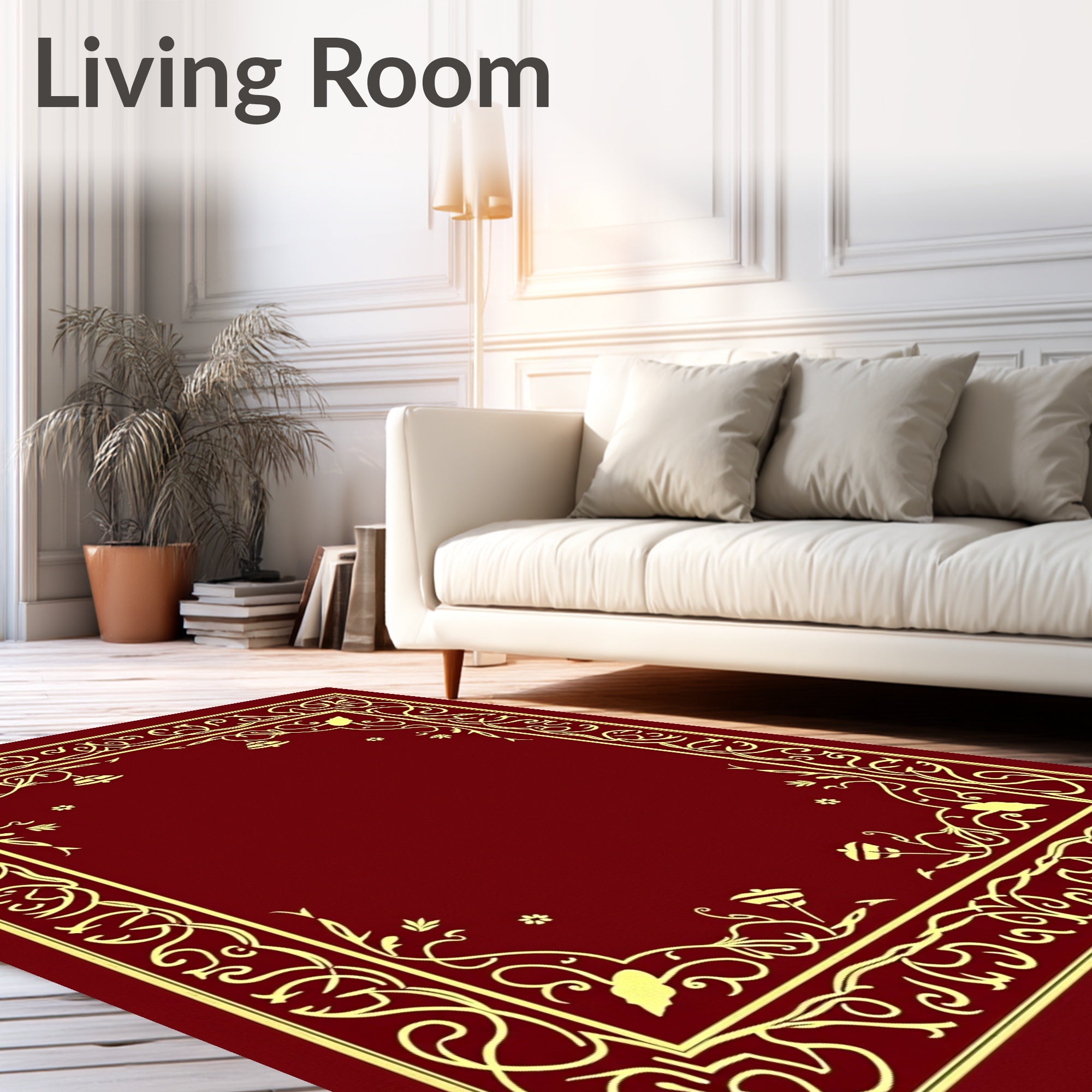 Deep Red Luxury Floral Swirl Border Rug