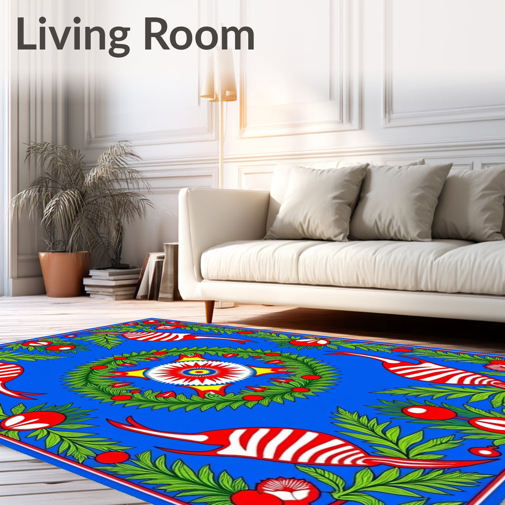 Vibrant Blue Red Green Floral Creature Rug