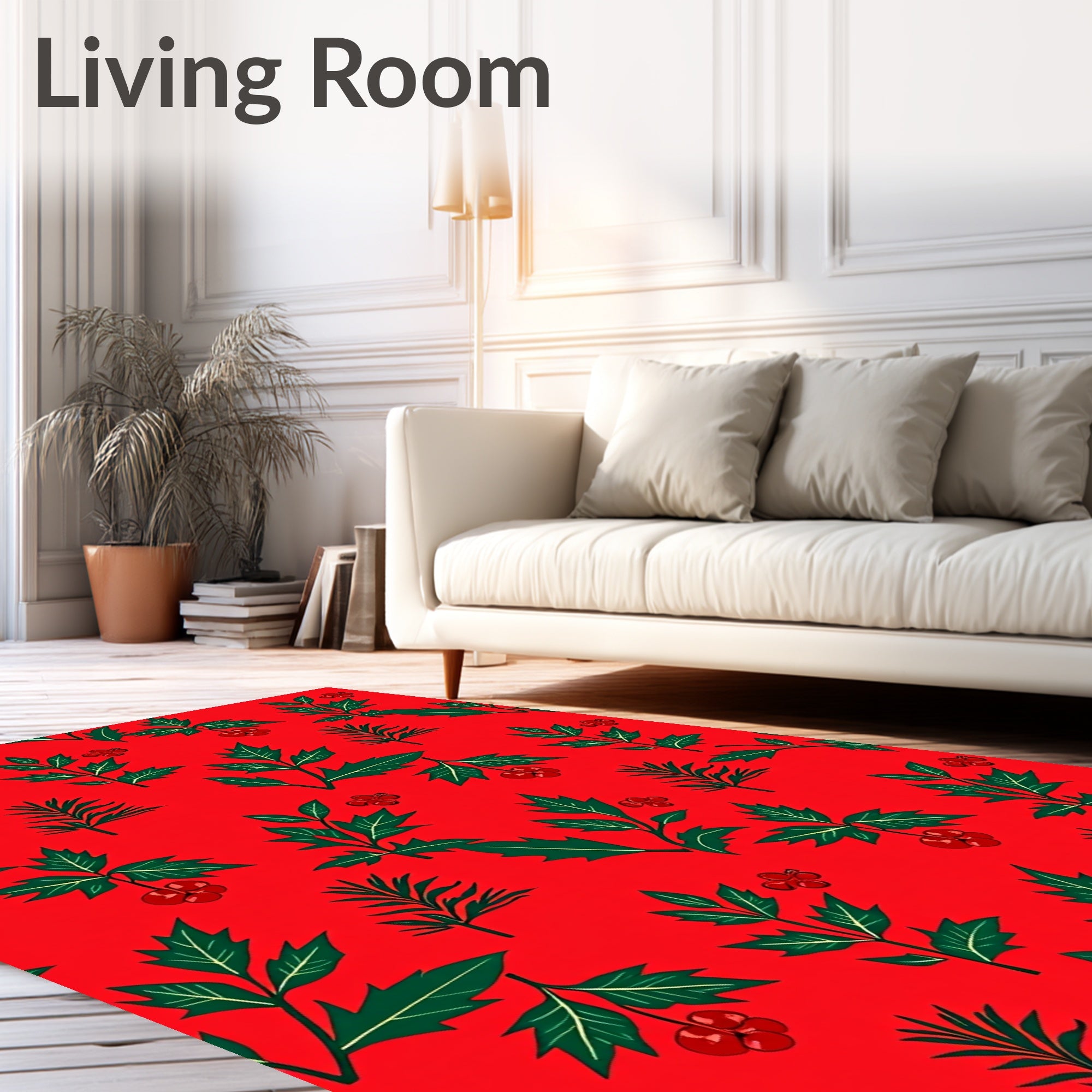 Red Green Festive Holly Berry Sprigs Rug