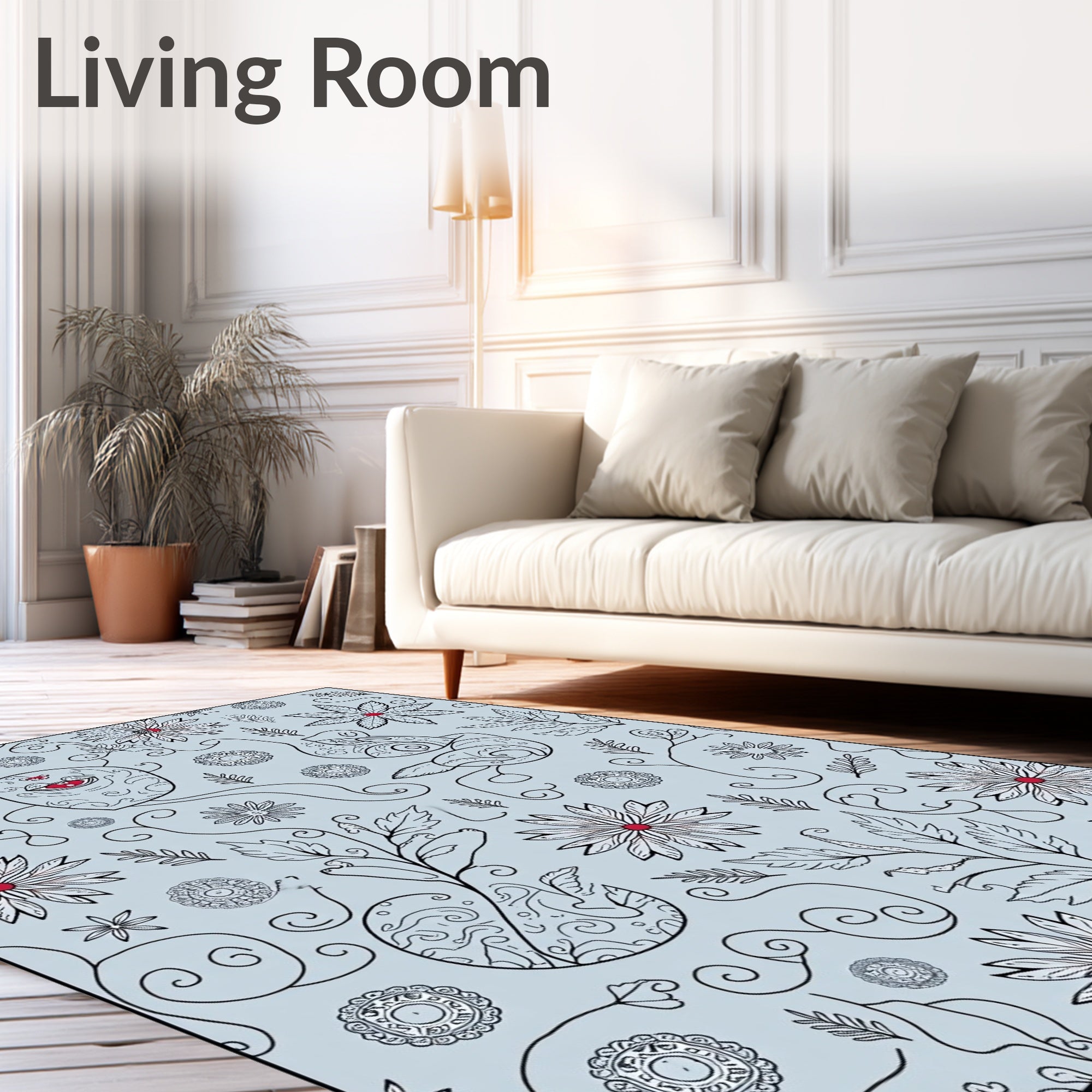 Whimsical Blue Floral Outline Doodle Rug