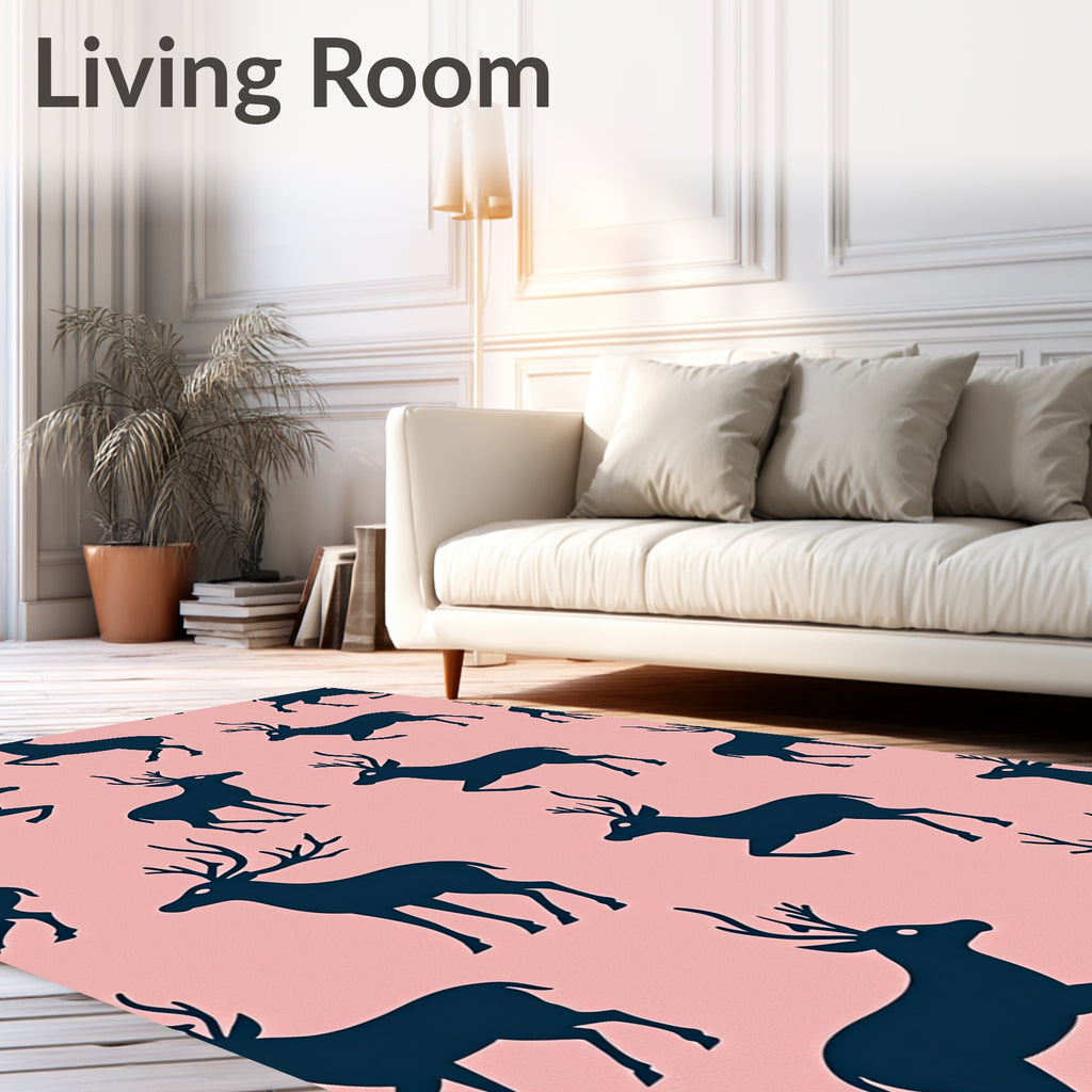 Navy Deer Silhouette Pink Background Rug