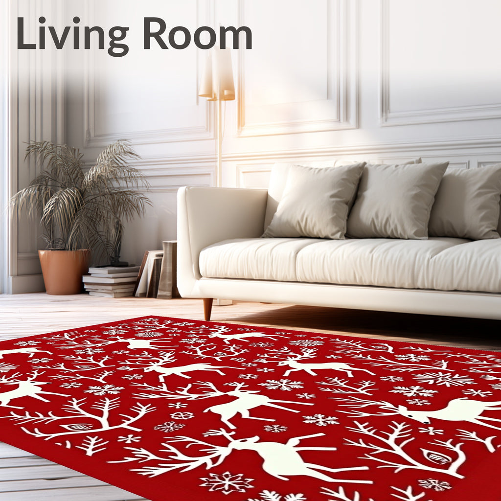 Red Winter Deer Snowflake Forest Rug