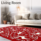 Red Winter Deer Snowflake Forest Rug