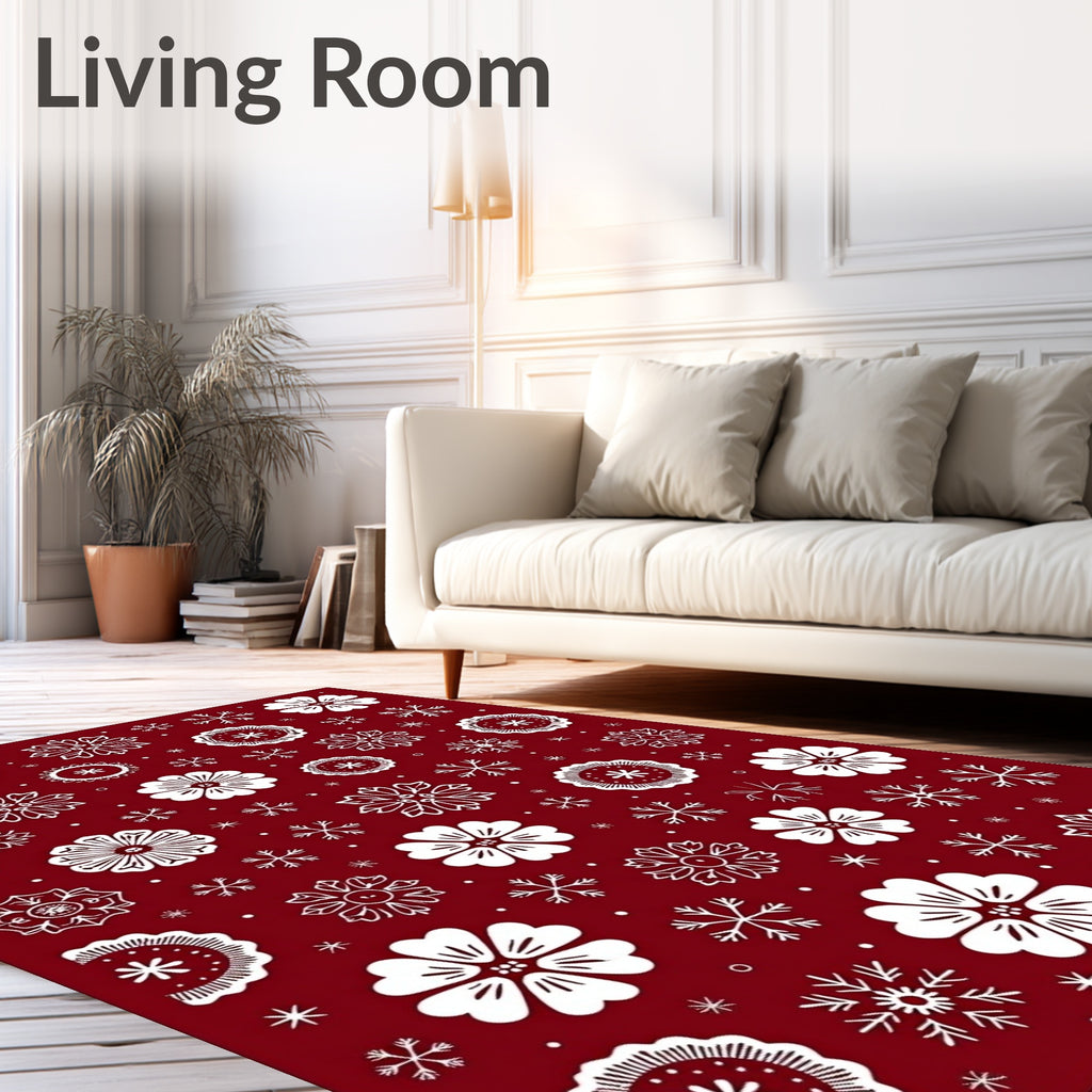 Crimson White Floral Snowflakes Collage Rug