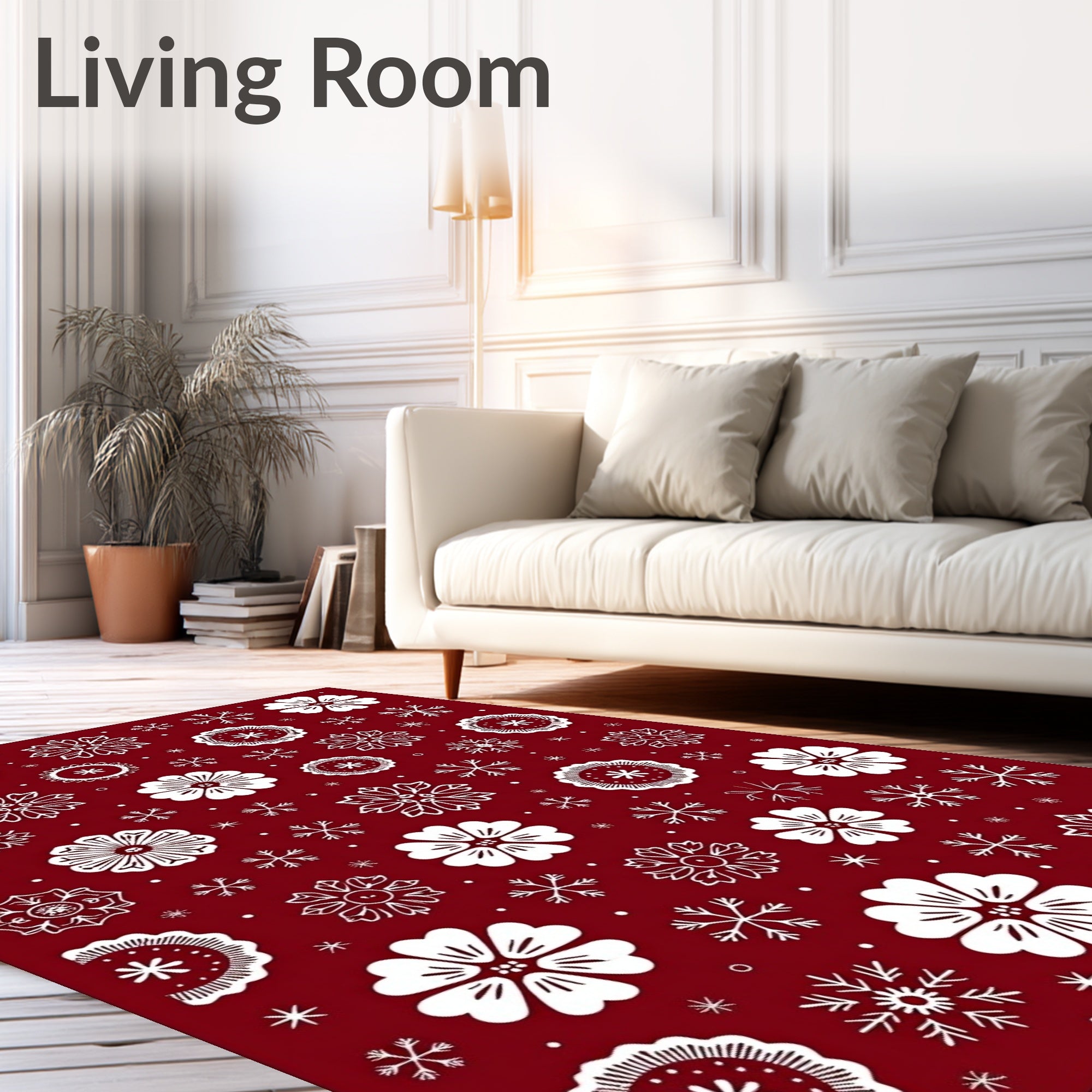 Crimson White Floral Snowflakes Collage Rug
