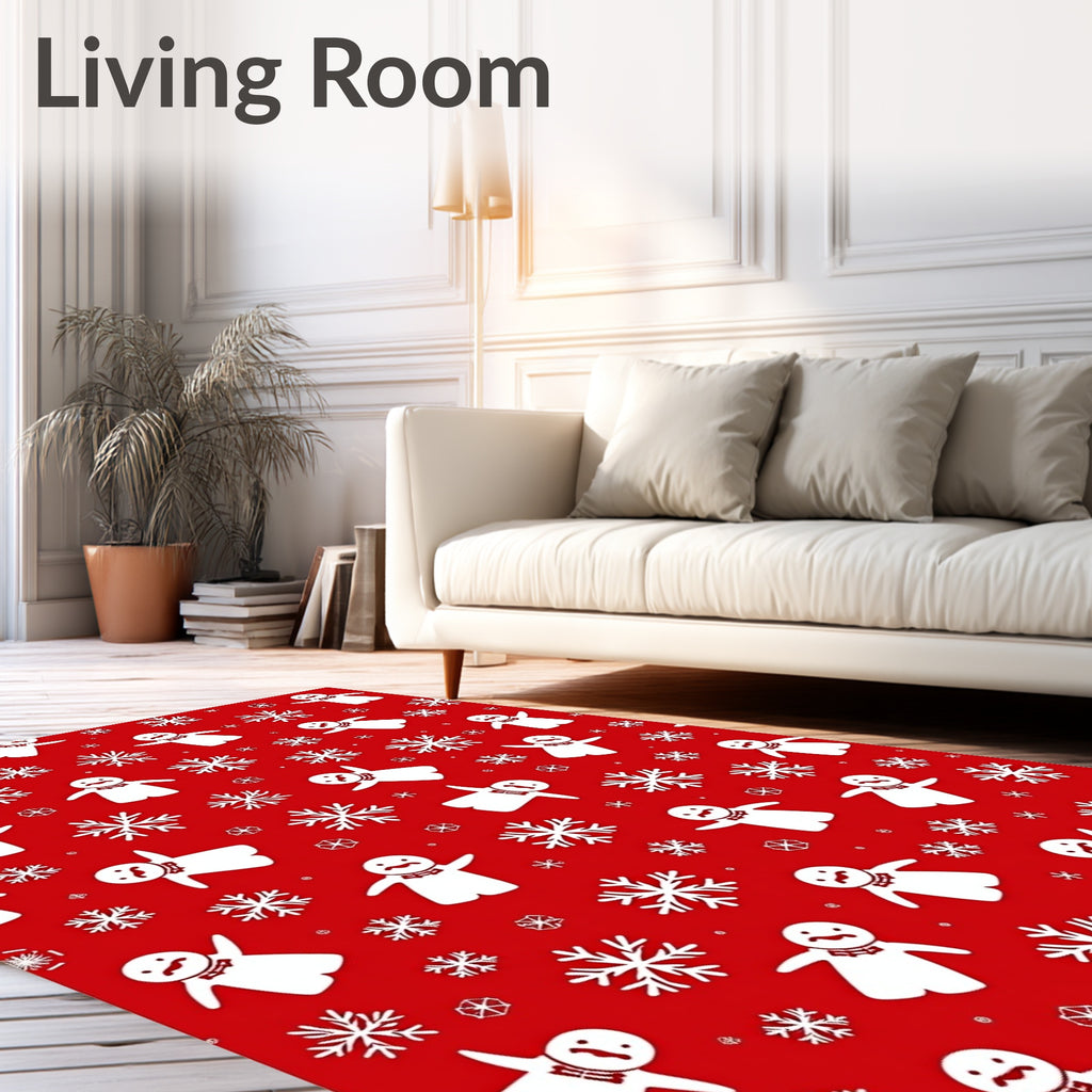 Red White Snowman Snowflake Scene Rug