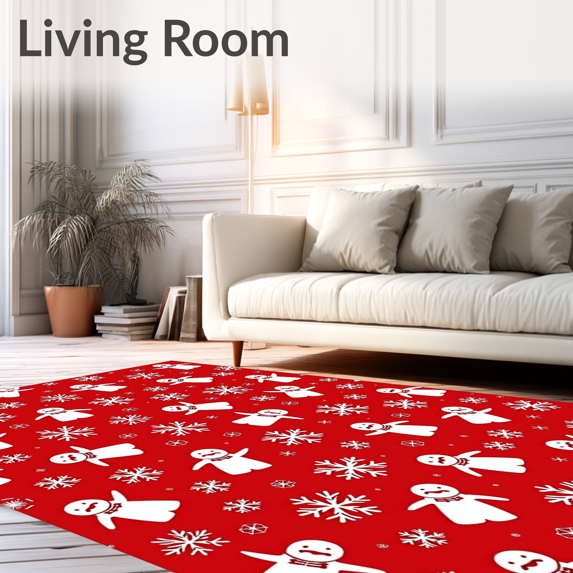 Red White Snowman Snowflake Scene Rug