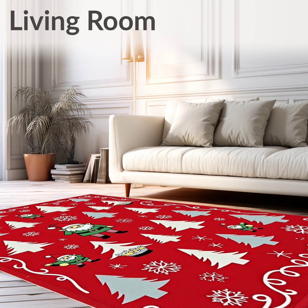 Red Christmas Trees and Elves Rug