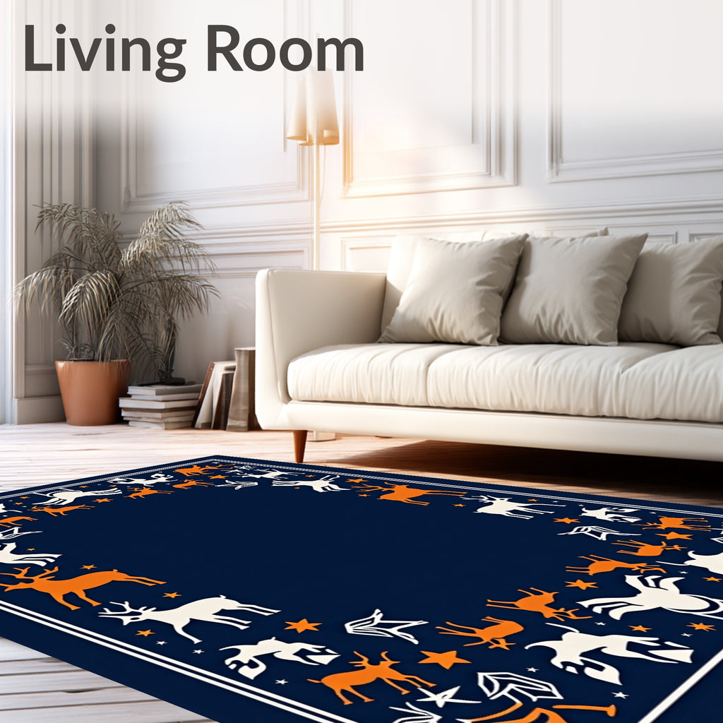 Orange White Deer Star Navy Border Rug