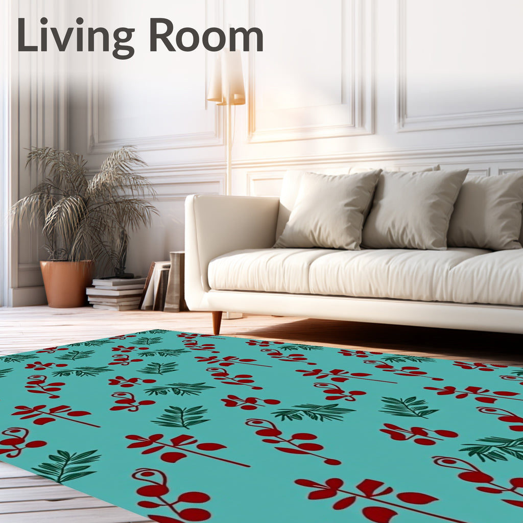 Red Branch Fern Teal Background Rug