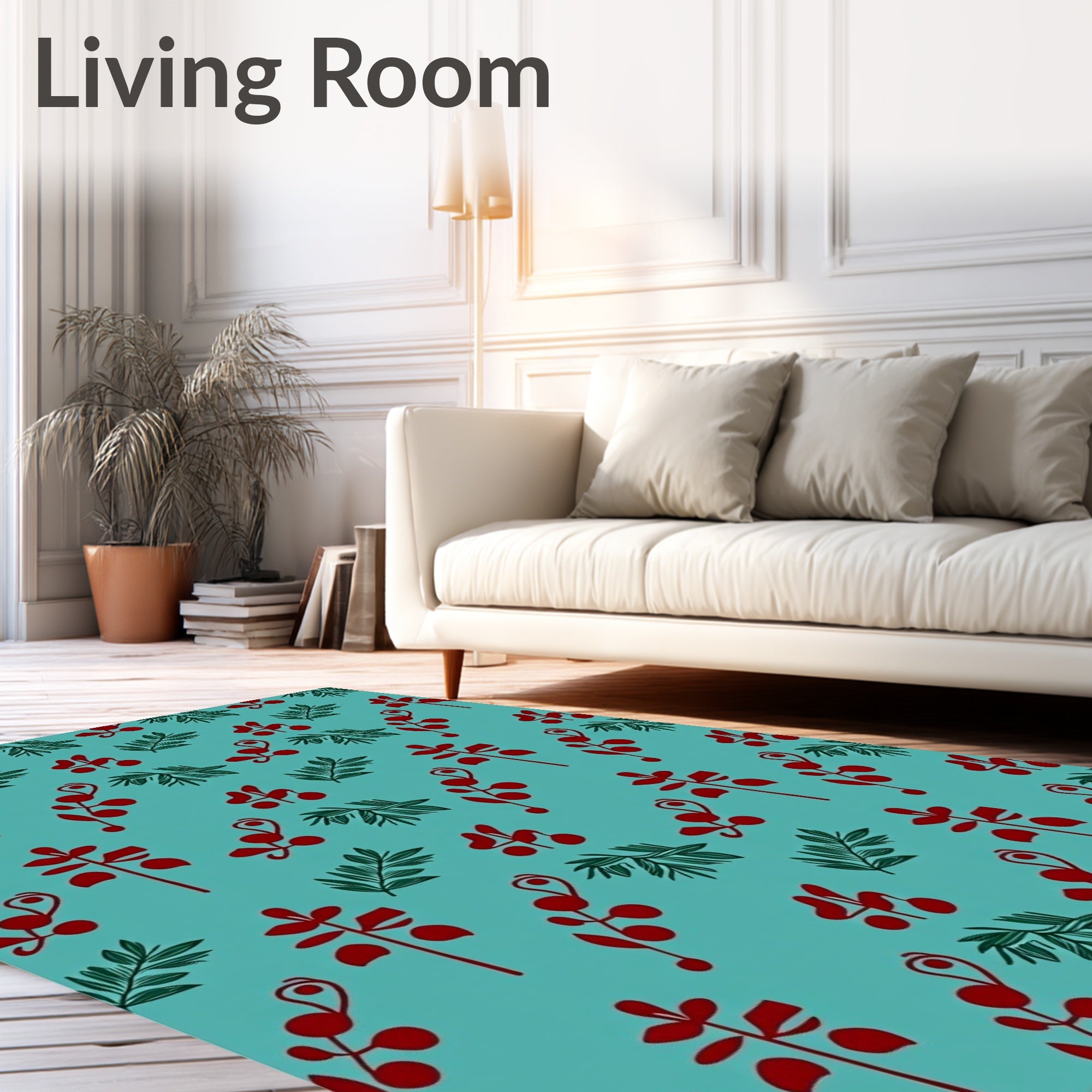 Red Branch Fern Teal Background Rug
