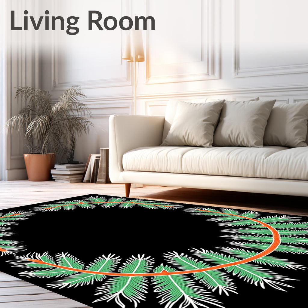 Orange Coral Green Palm Wreath Rug