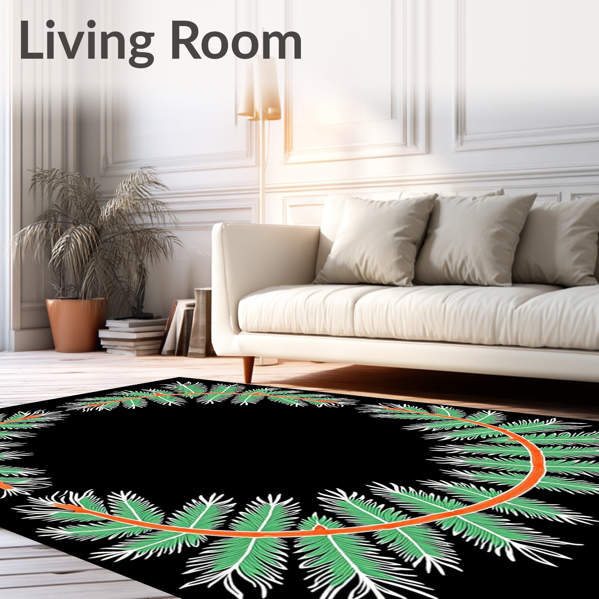 Orange Coral Green Palm Wreath Rug