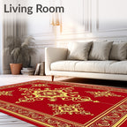 Ornate Gold Floral Medallion Red Rug