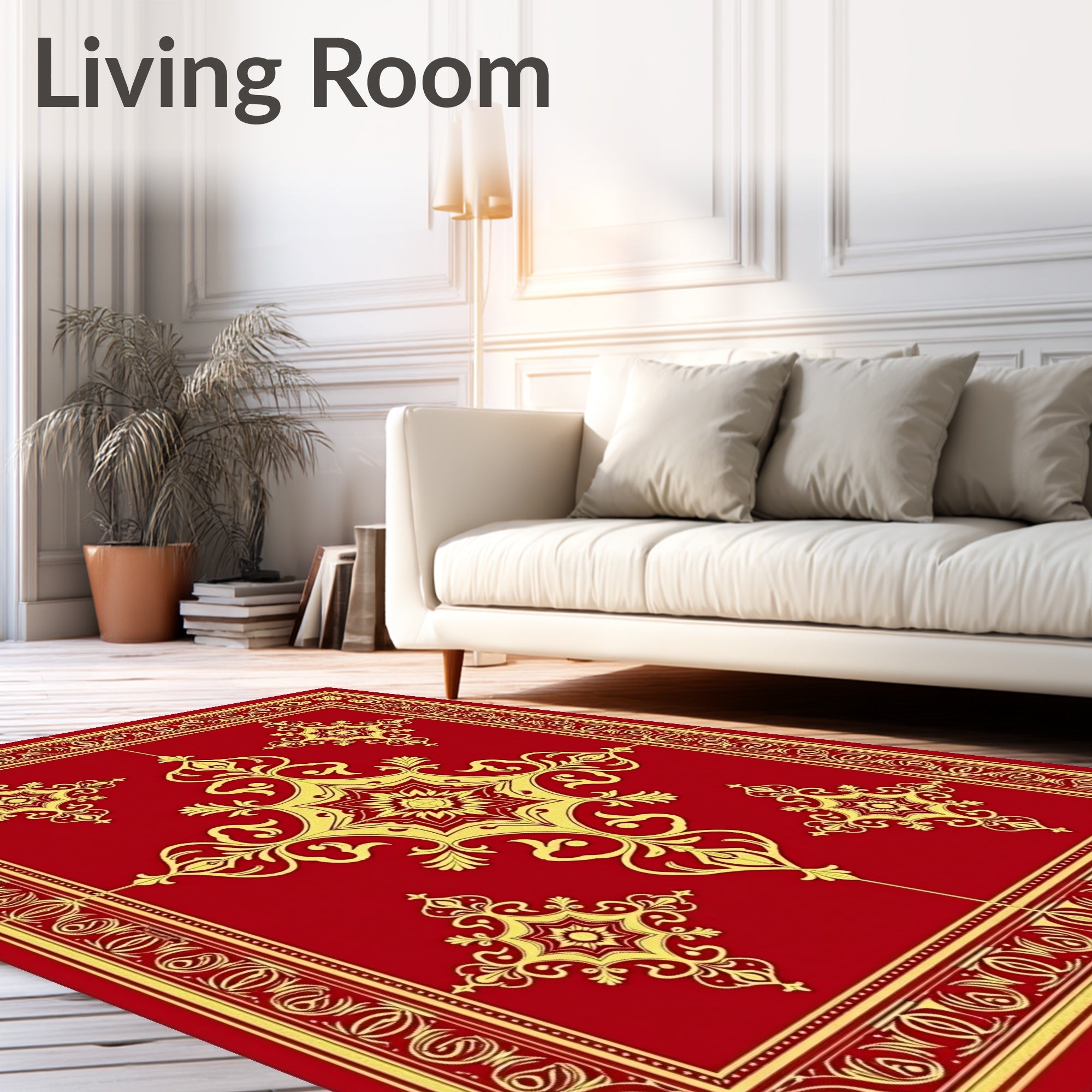 Ornate Gold Floral Medallion Red Rug