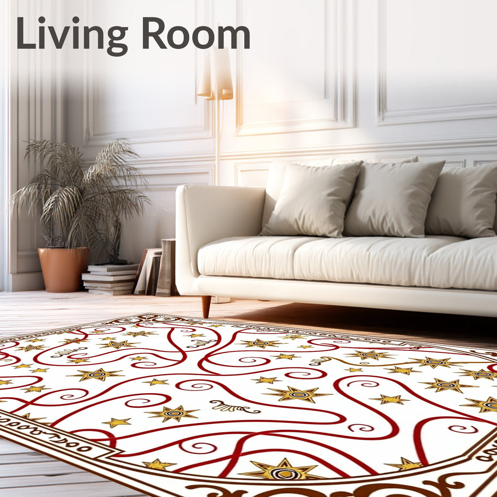 Ornate Gold Star Swirls Red Border Rug