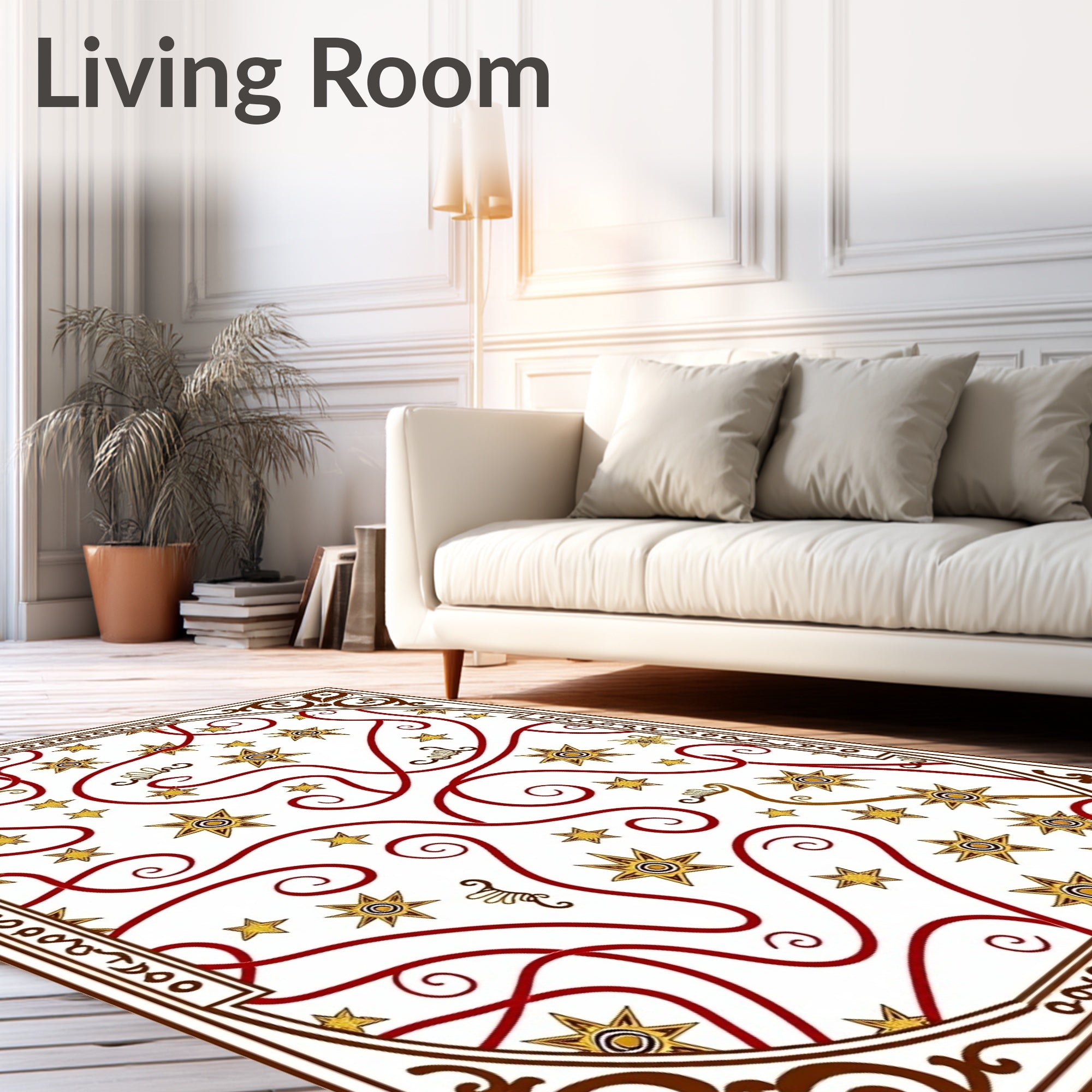 Ornate Gold Star Swirls Red Border Rug