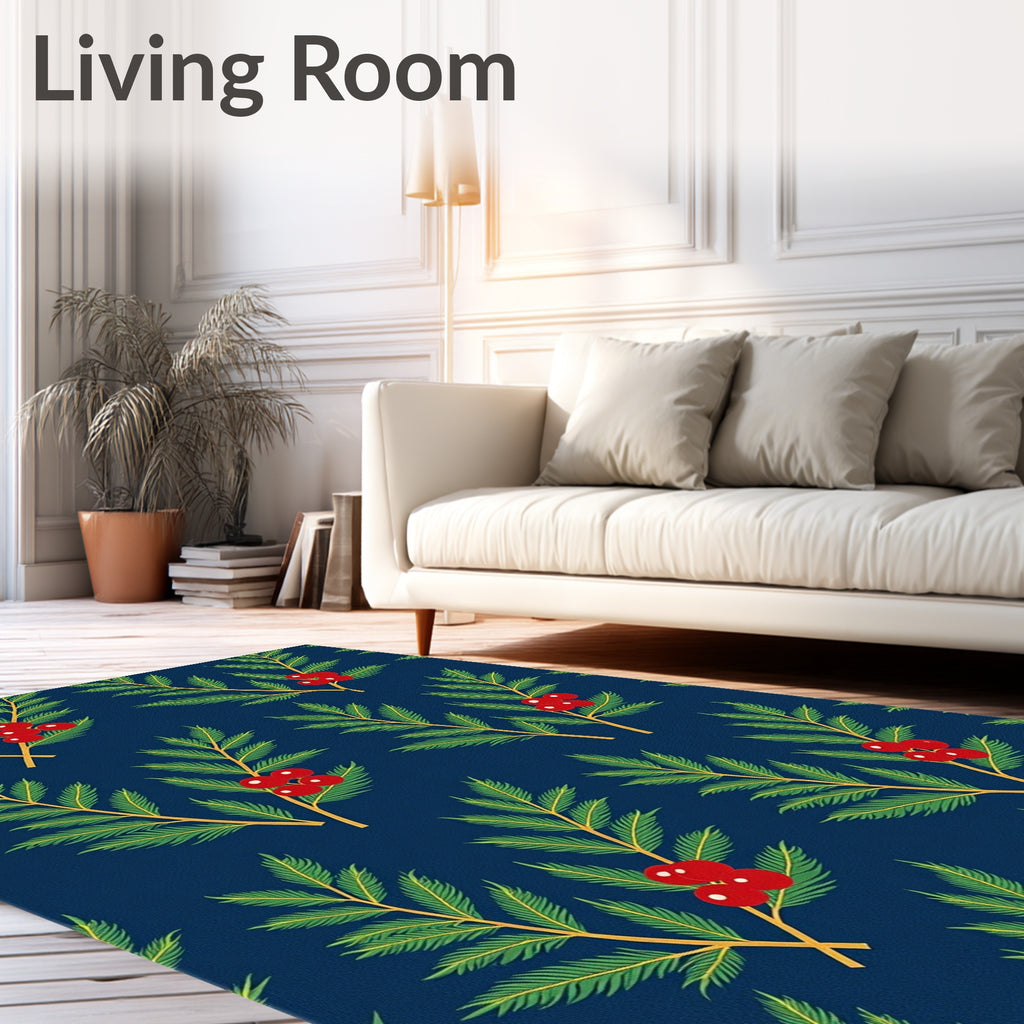 Festive Green Berry Branches Navy Rug